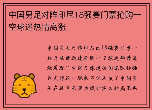 中国男足对阵印尼18强赛门票抢购一空球迷热情高涨